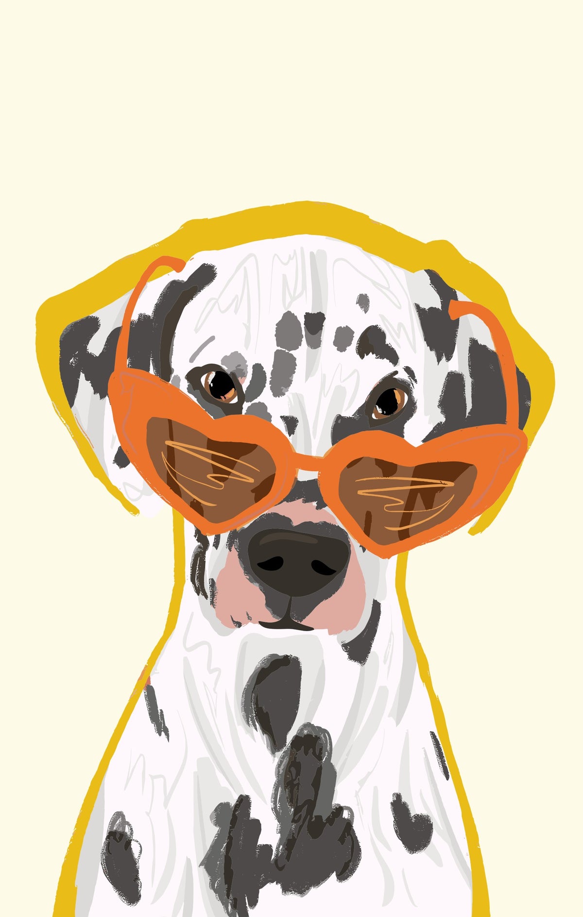 Hand-drawn illustration of a Dalmatian wearing heart-shaped sunglasses
